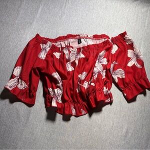 Zaful Red Floral Off-Shoulder Crop Blouse